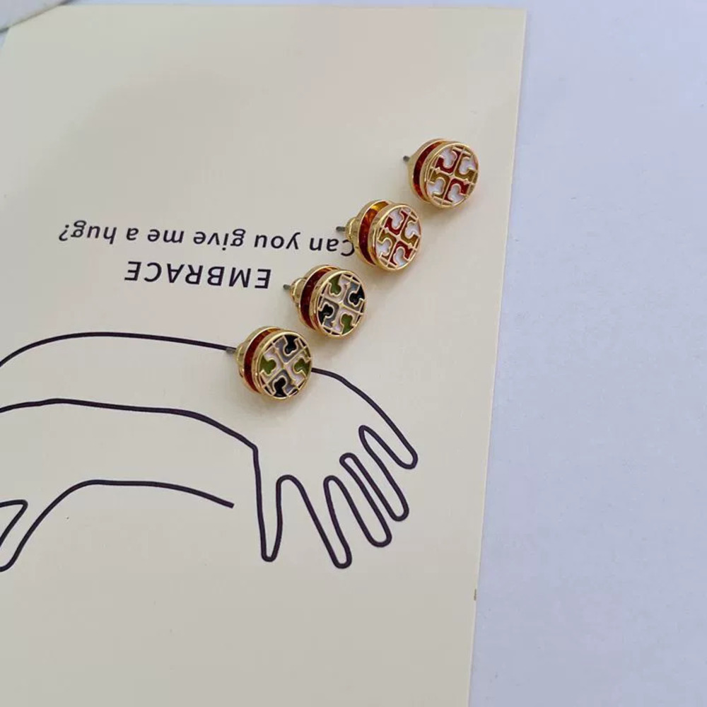 Tory Burch Round Multicolor Metal Inlaid Enamel Stud Earrings
